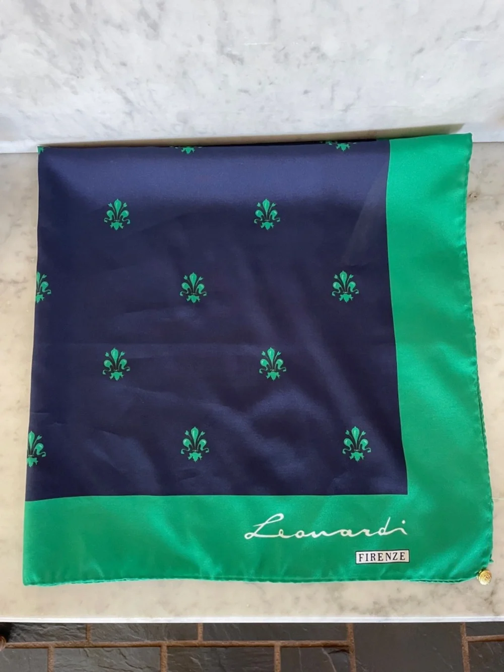 LEONARDI FIRENZE Signed Navy Teal Silk Vintage Fleur de Lis Scarf w/ Gold Charm